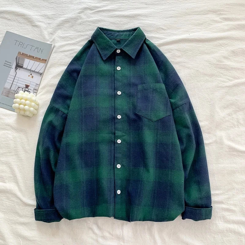 HEARUJOY  -  Black White Classic Plaid Long Sleeve Loose Men's Shirt American Style Retro Versatile Spring Autumn Outerwear Coat for Men Tops