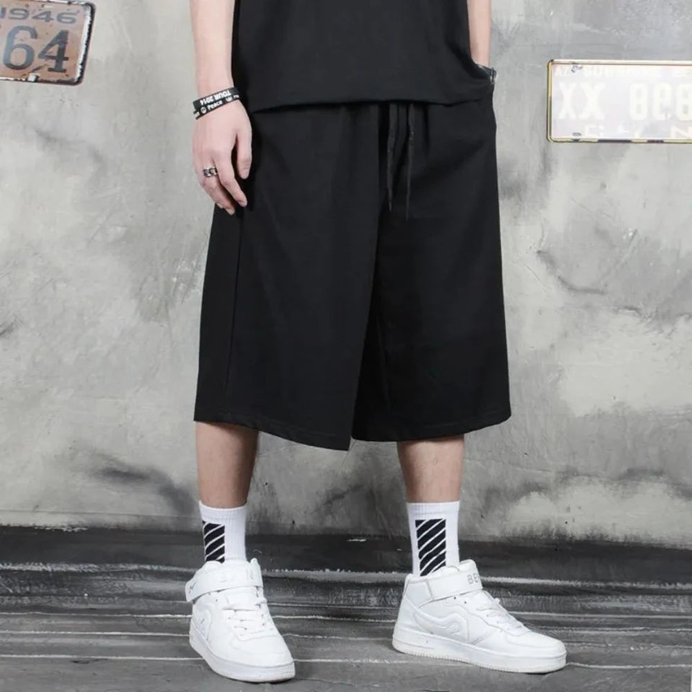 HEARUJOY  -  XS-4XL Mens Cropped Pants Plain Drawstring Casual Pants Streetwear Fashion Hip-Hop Harem Wide-Leg Trousers Men'S Wear New