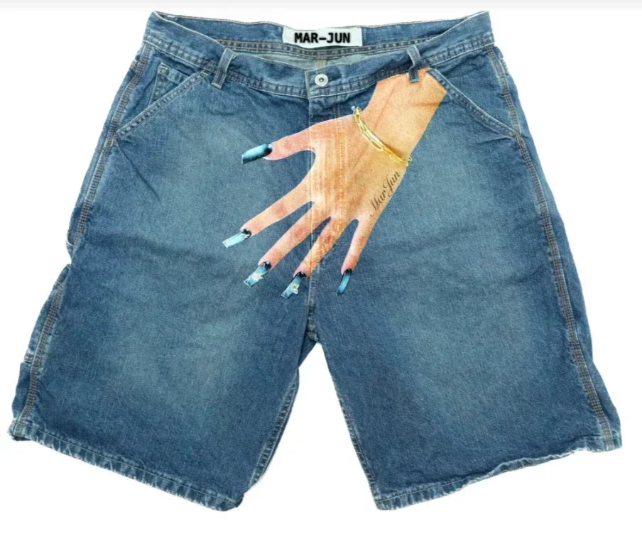 Hearujoy Harajuku Y2K Short Baggy Jeans Palm Print Graphic Pants Men Fashionstyle Denim Streetwear Gothic Sweatpants Shorts Men Clothing