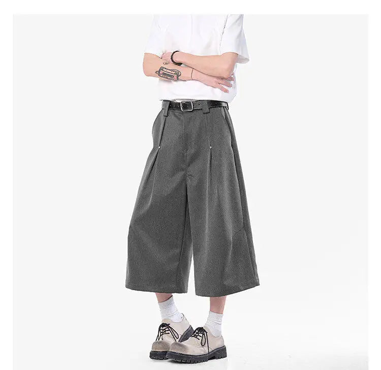 HEARUJOY  -  Korean Style Men Casual Shorts Solid Color Pleated Design Metal Design Cropped Trousers Cleanfit Male Bottom Simple