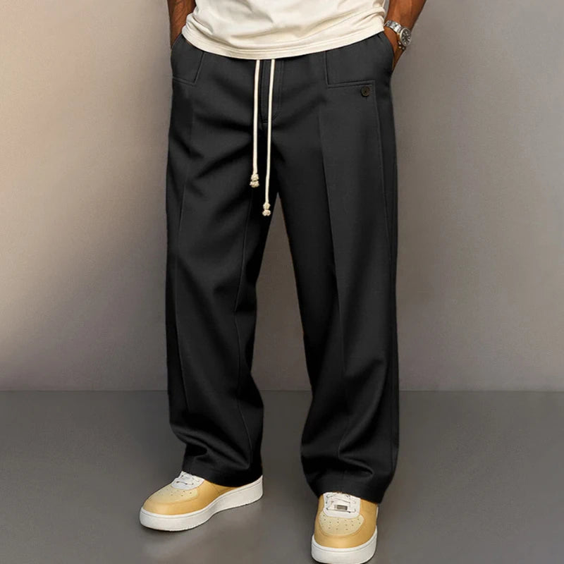HEARUJOY  -  Fashionable Mens Solid Color Trousers Spring Autumn Streetwear Casual Drawstring Pants Men Stylish Loose Straight Trousers