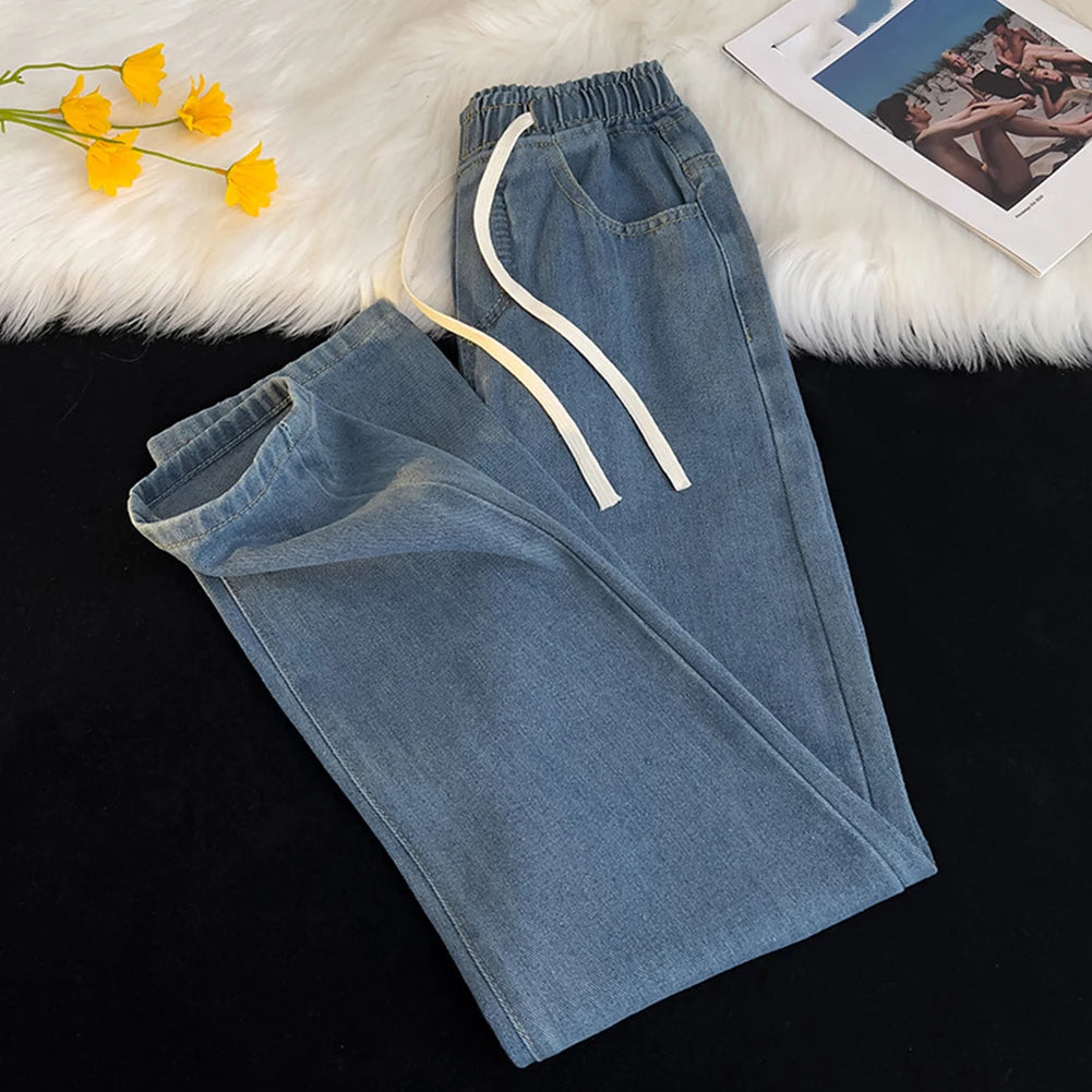 HEARUJOY  -  Men Vintage Korean Casual Pants High Street Hip Hop Straight Wide Leg Jeans Male Drawstring Streetwear