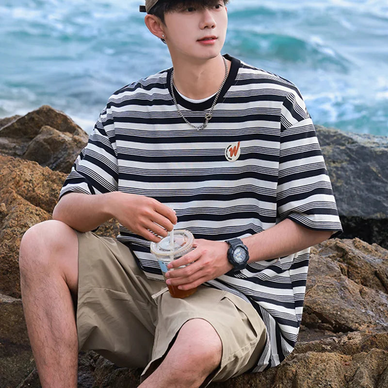 HEARUJOY  -  Hip Hop Striped T Shirt Men Streetwear Mens Stripes T-shirts Casual Summer Short Sleeves Oversized Contrast Tshirt Tops Tee