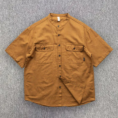 HEARUJOY  -  Japan Style Mens Linen Cotton Short Sleeve Shirt Harajuku Summer Stand Collar Solid Color Male Casual Breathable Classical Tops