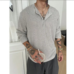 HEARUJOY  -  Spring Long Sleeved T-shirt Men Fashion Black Gray Casual T Shirt Men Streetwear Korean Loose Round Neck T Shirt Mens Top M-3XL