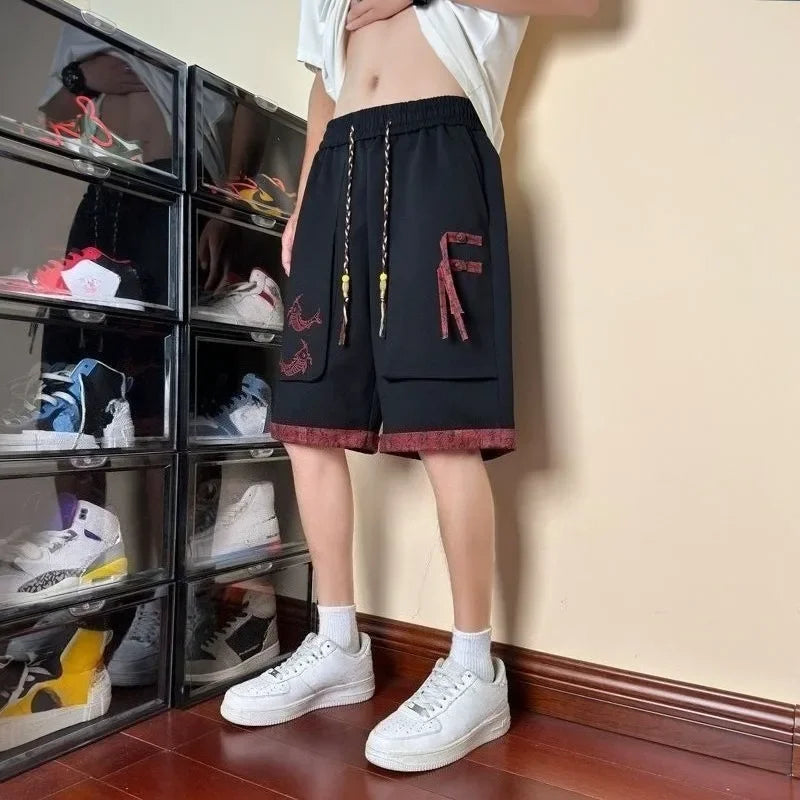 HEARUJOY  -  Long Button Bermuda with Pockets Short Pants for Men Elastic Waist Wide Half Khaki Loose Mens Cargo Shorts Draw String Baggy Y2k