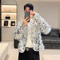 Hearujoy Shiny Sequins Jacket for Men Black Silver Sparkle Long Sleeve Casual Bomber Jacket Male Party Club Fashion High Street Coats