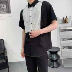 HEARUJOY  -  Mens Shirt Sequins Nightclub Ballroom Shirt Spring Streetwear Y2k Fashion Trend Niche Short-Sleeve Tops Men'S Clothing