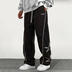 HEARUJOY  -  American Casual Baggy Pants Men Cargo Trousers High Street Drawstring Workwear Trendy Loose Versatile Straight Wide-Leg Pants