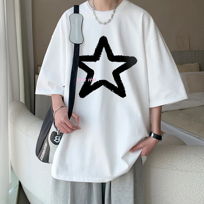 Hearujoy Little Star Printed Men's T Shirt Summer Fashion Casual Short Sleeve Tee Tops Mens Cotton Linen Oversized Hip-Hop T-shirt 5XL