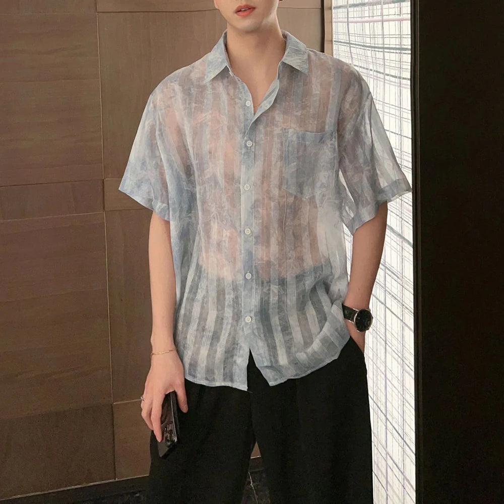 Hearujoy Men Striped See-Through Tie-Dye Mesh Short-Sleeve Casual Shirt 2024 New Genderless Fashion Night Club Sexy Loose Shirt Unisex