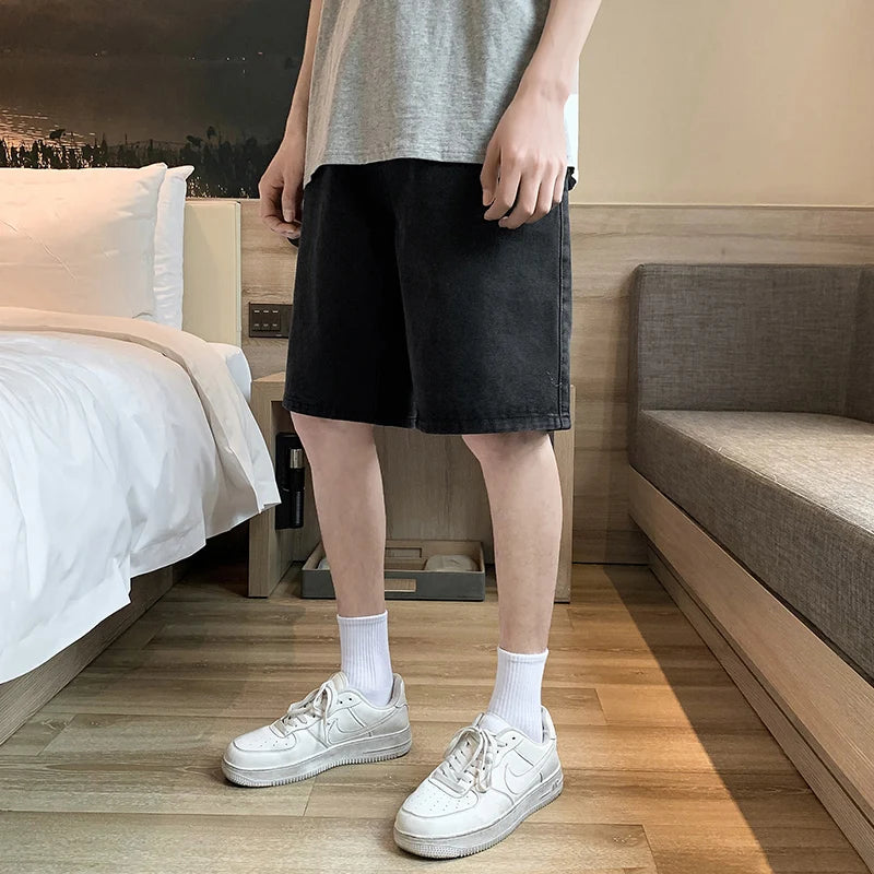 Hearujoy Summer New Men's Loose Casual Denim Shorts Elastic Waist Drawstring Black Shorts Brand Men's Clothing