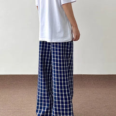 HEARUJOY  -  Blue Checkered Straight Leg Pants Mens Retro Trendy Loose Couple Casual Trousers Multiple Buckles College Pantalones Hombre