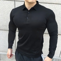 HEARUJOY  -  Korean Autumn Casual Fitness Polo Shirt Men Solid Button Slim Elastic Versatile Sports Breathable Quick Drying Long Sleeved Tops