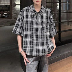 HEARUJOY  -  Mens Hot Diamond Plaid Half-Zip Casual Shirt Streetwear Fashion Youth Campus Versatile Short-Sleeve Tops Men'S Clothing 2025 New