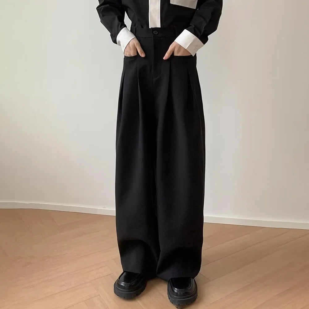 HEARUJOY  -  Mens Suit Trousers Pocket Casual Wide Leg Pants Summer Office Business All-Match Elegant British Straight Pants Men'S Clothing