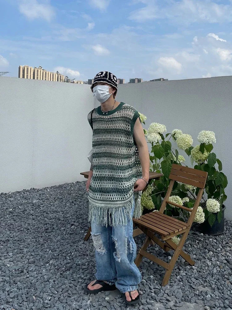 Hearujoy Striped Mesh Vest for Men Vintage Knit Tank Tops Sleeveless Tee Male Casual Summer Beach Japanese Streetwear Hip Hop