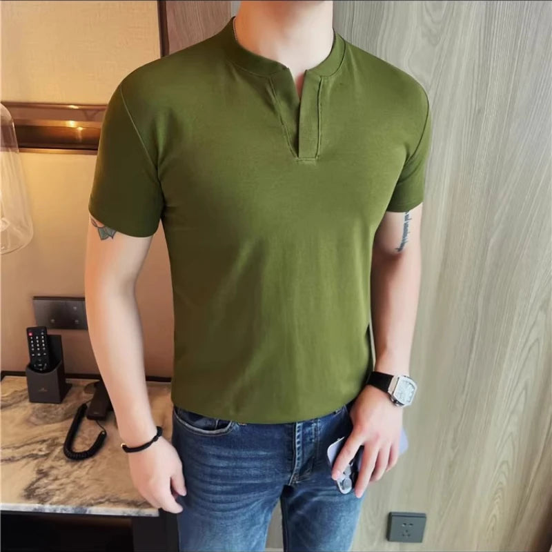 HEARUJOY  -  Men's 92% Cotton Henley Collar V-Neck Short Sleeve Tee  Summer Solid Color Slim Fit Casual T-Shirt in 7 Classic Versatile Colors
