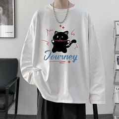 HEARUJOY  -  Men's Plain T-shirts Cotton Full Sleeves 5XL Fashion White Mens Oversized T Shirt Casual Wear Funny Cat Print Tee Shirts for Men