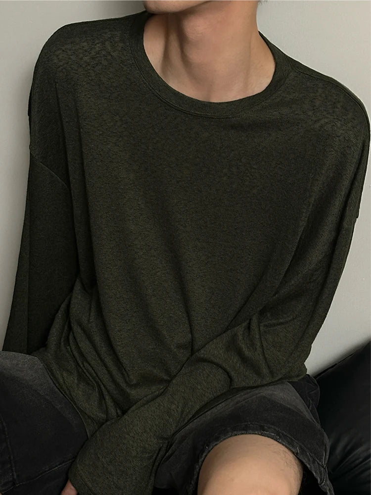 HEARUJOY  -  Daily Casual Breathable Loose T Shirts Mens Spring Autumn Fashion Solid Color Pullovers Men Leisure Long Sleeve O Neck T-shirt