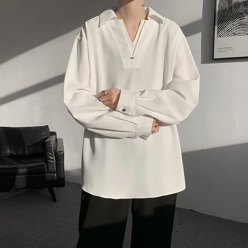 HEARUJOY  -  White Long Sleeved Shirt Men Oversized Society Mens Black Dress Shirt Korean Loose Casual Shirt Mens Formal Pullover Shirts