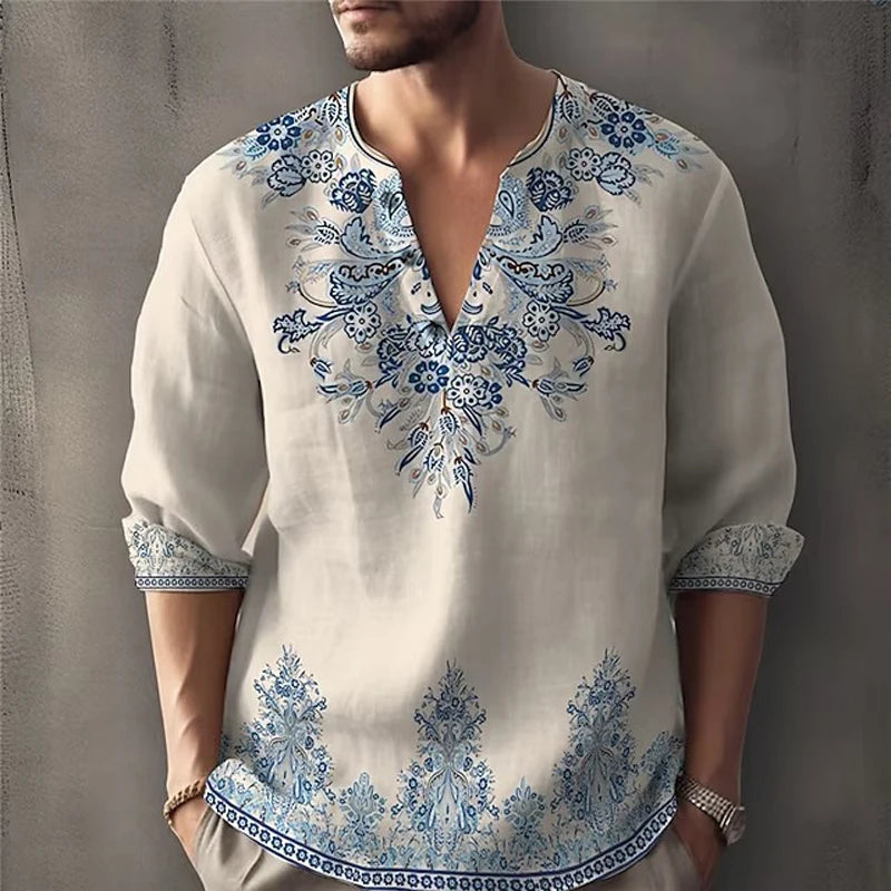 HEARUJOY  -  Vintage Ethnic flower 3D Print Shirt For Men Spring Autumn Long sleeve V-neck Tee Tops Fashion Casual Pullover Shirts Streetwear