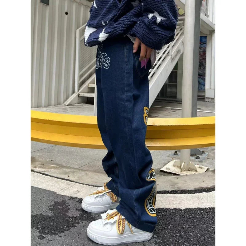 Hearujoy Y2k letter star print jeans women's original atmosphere American style zipper high waist hip-hop loose retro straight-leg pants