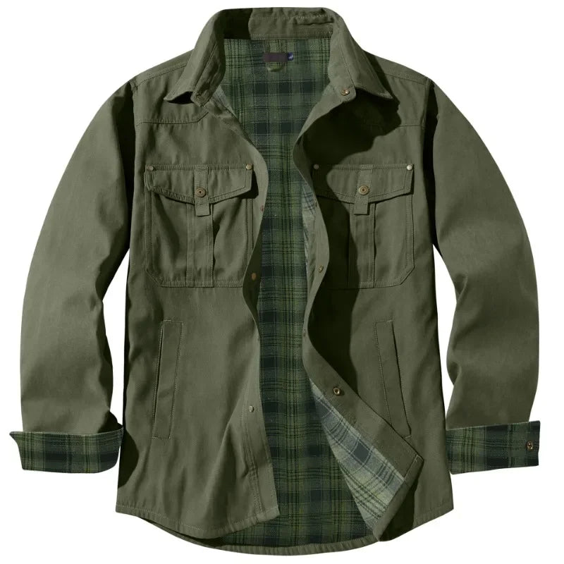 HEARUJOY  -  American Size Men's Plus-size Lapel Plaid Flannel Casual Shirt Jacket Retro Western Style Reversible Jacket