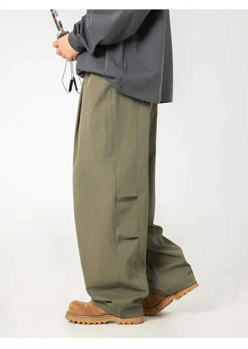 HEARUJOY  -  Pleated Design Men Casual Trousers Solid Color Drawstring Summer Korean Style Elastic Waist Straight Leg Male Pants 9W3495
