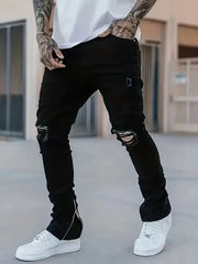 HEARUJOY  -  Men's Slim Fit Black Jeans - Street Style, Cotton Blend, Mid-Stretch Fabric, Ripped Detail, All-Season Wear