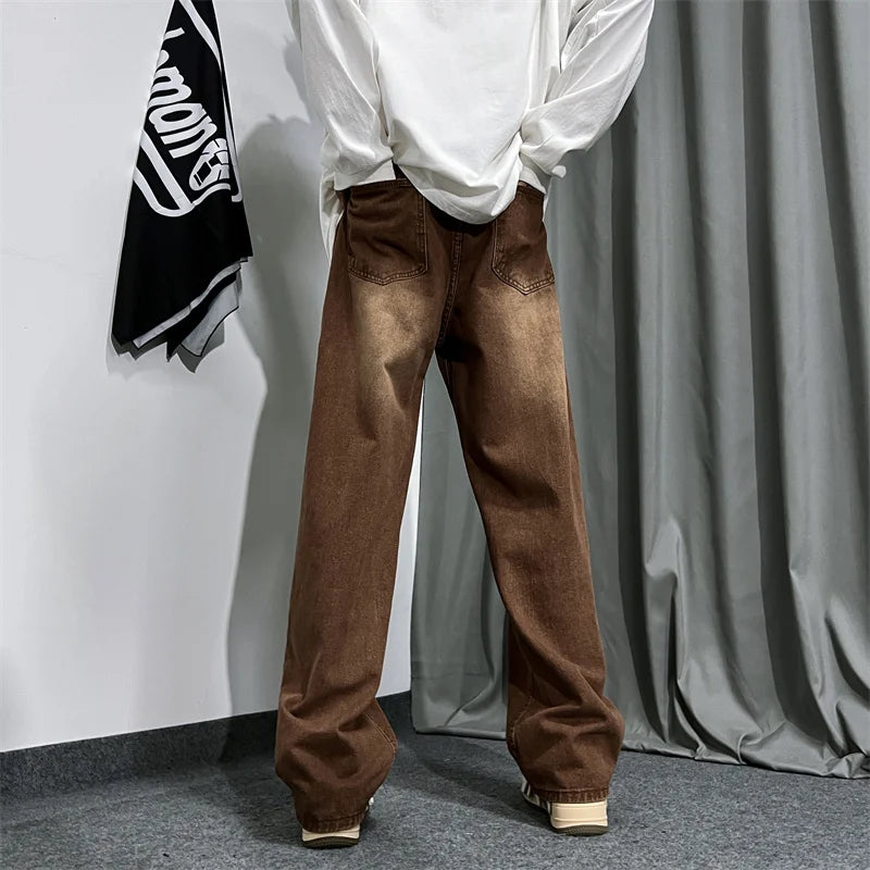 Hearujoy Brown Baggy Jeans Men Fashion Casual Vintage Jeans Men Streetwear Hip-hop Loose Straight Jeans Mens Retro Denim Trousers M-3XL