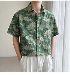 HEARUJOY  -  Loose Maple Leaf Flower Shirt Men's Short-sleeved Mature Style Casual Five-point Sleeves