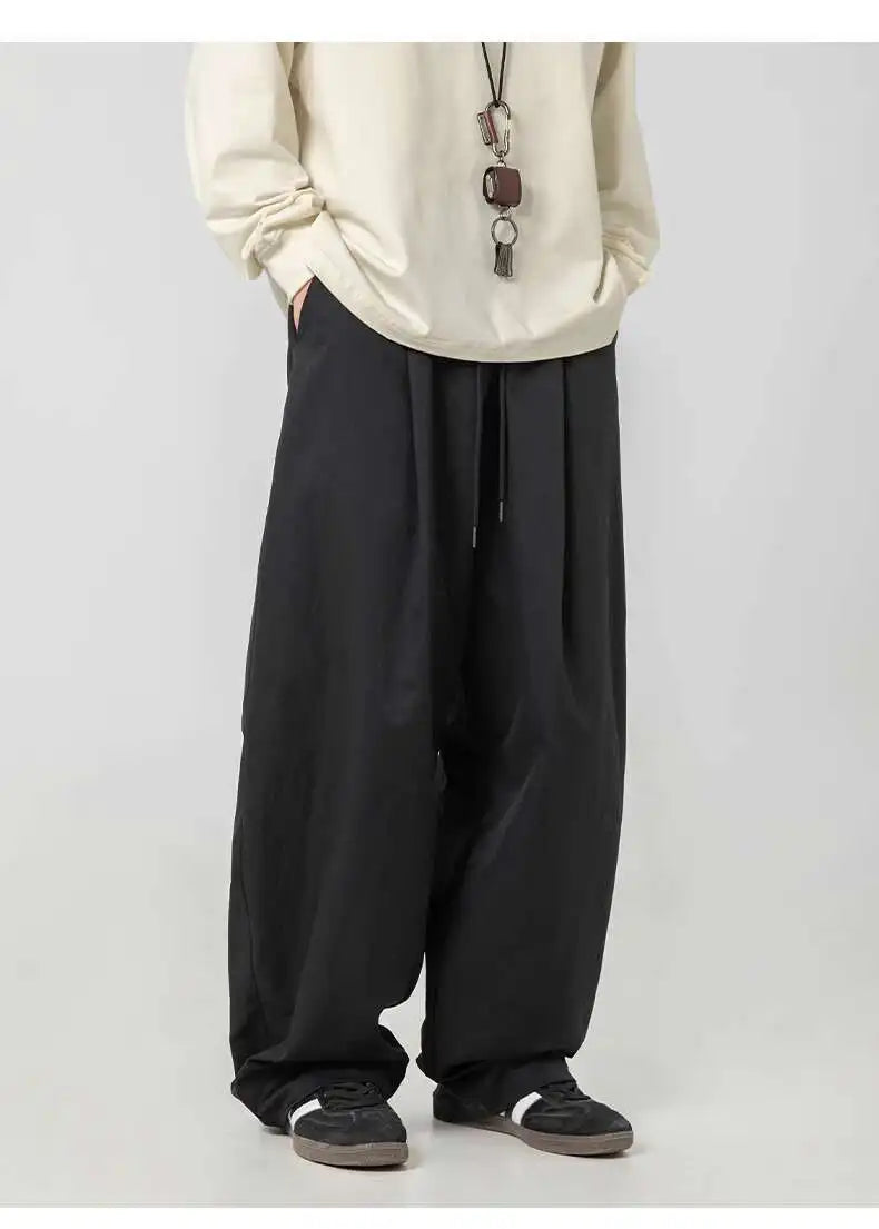 HEARUJOY  -  Pleated Design Men Casual Trousers Solid Color Drawstring Summer Korean Style Elastic Waist Straight Leg Male Pants 9W3495