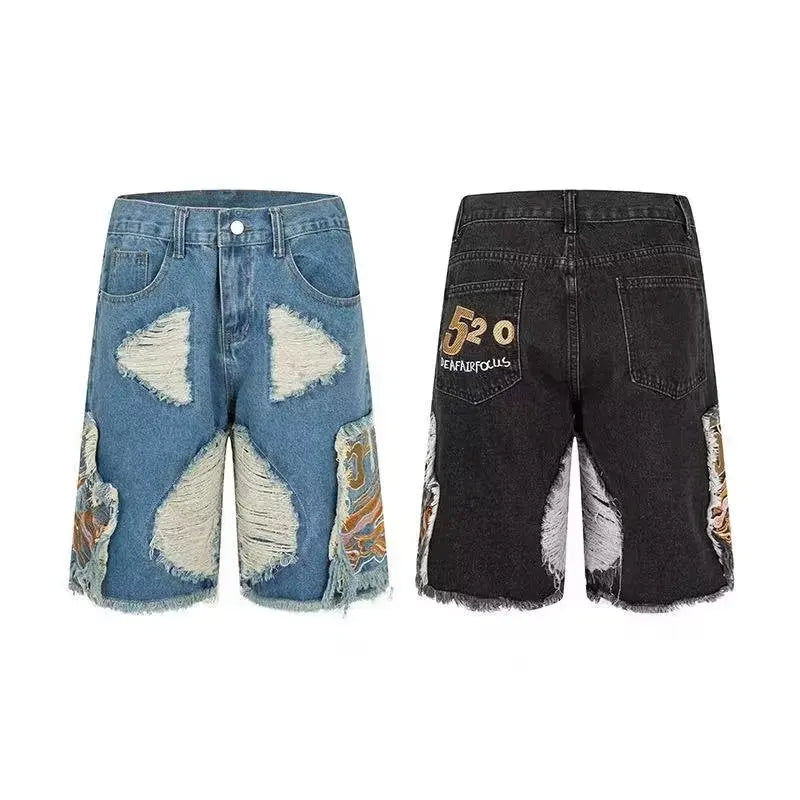 Hearujoy Embroidered tassel high street denim men's street hip-hop trendy brand ripped pants European and American fashion retro shorts