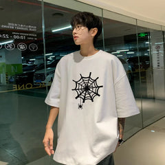 Hearujoy Harajuku Men Oversized Tee Shirts Spider Web Printed Summer Short Sleeve All-match T-Shirts Men's Korean Loose Cotton Tops 5XL-S