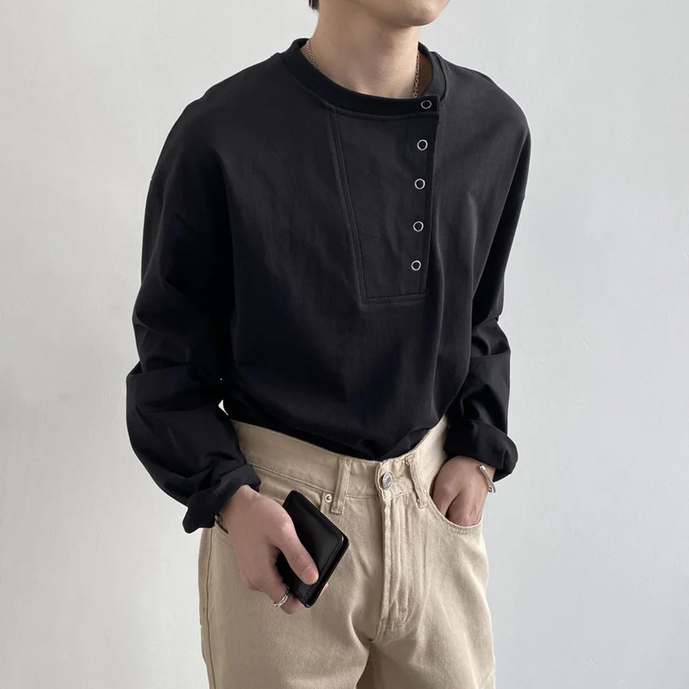 HEARUJOY  -  Mens T-Shirt Side Placket Casual T-Shirt Autumn Streetwear Personality Niche Versatile Long-Sleeved Top Men'S Clothing