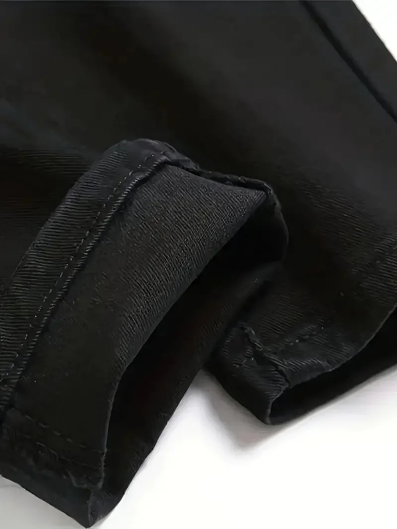 HEARUJOY  -  Men's Slim-Fit Ripped Jeans - Stylish Black Distressed Denim with Raw Hem, Comfortable & Versatile for All Seasons, Casual Stree