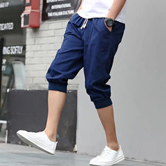 HEARUJOY  -  Summer New Sports Trend Versatile Casual Shorts Men's Solid Elastic Waist Drawstring Pockets Cotton Calf Length Cropped Pants