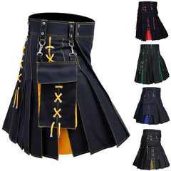 Hearujoy Mens Pocket Tie Rope Scottish Skirt 2024 New Genderless Casual Fashion Medieval Retro Steampunk Contrast Color Skirt Unisex