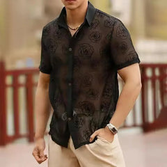 Hearujoy Sexy See-Through Rose Flower Short-Sleeved Shirt Genderless 2024 New Nightclub Niche Personality Breathable Mesh Shirt Unisex