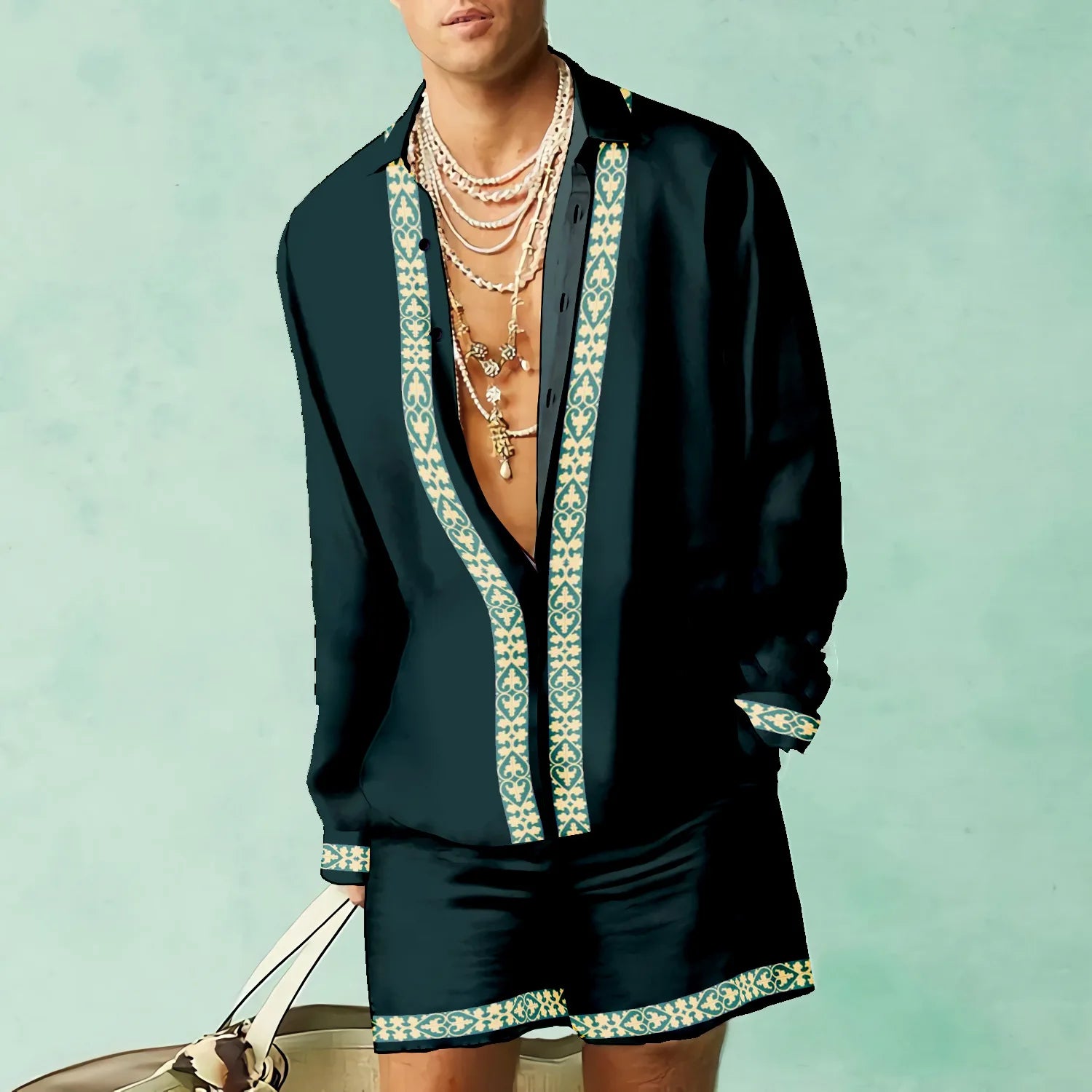 HEARUJOY  -  3D Leopardl Print Men Beach Suits Long Sleeve Lapel Shirts And Shorts Two Piece Set Fashion Hawaiian Casual Loose Outfits