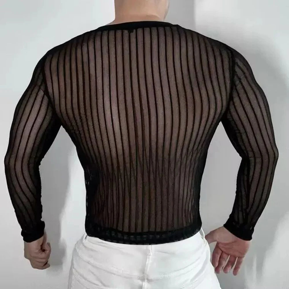 HEARUJOY  -  Mens T-Shirt Striped Sexy Slightly Transparent Stretch T-Shirt Fashion Streetwear Tight Casual Long Sleeve Top Men'S Clothing