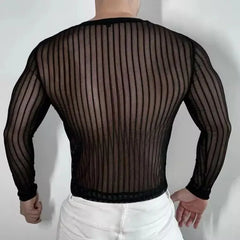 HEARUJOY  -  Mens T-Shirt Striped Sexy Slightly Transparent Stretch T-Shirt Fashion Streetwear Tight Casual Long Sleeve Top Men'S Clothing