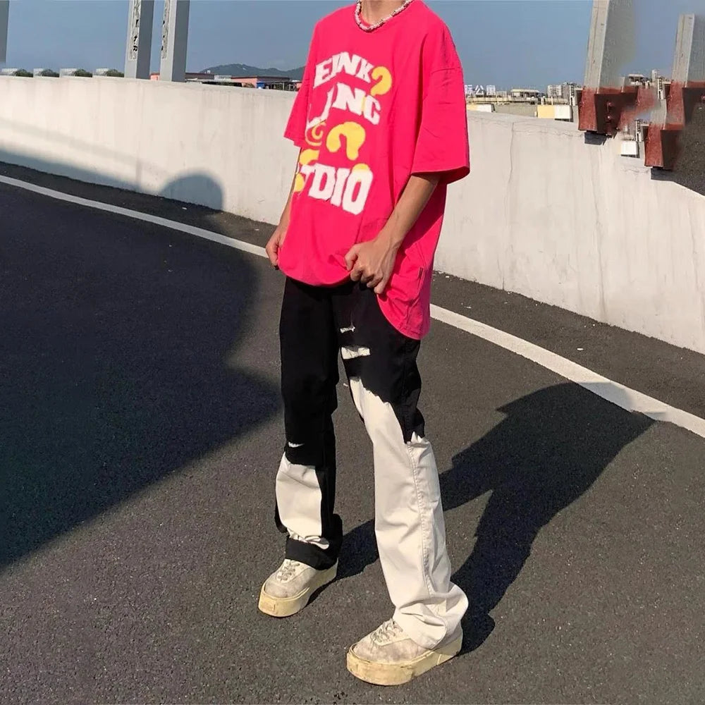 HEARUJOY  -  Mens Jeans Y2k Black White Irregular Stitching Ripped Jeans Streetwear Hip-Hop Casual Slim Straight Pants Men'S Clothing