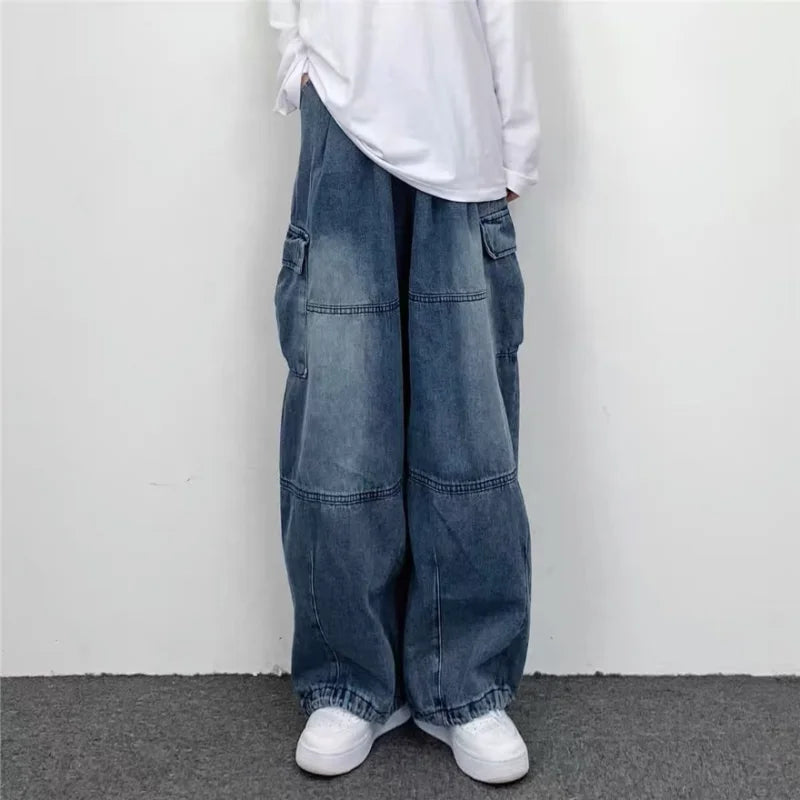 Hearujoy Japanese Retro Wide-leg Big Pocket Overalls Summer Men's Jeans New Fashion Brand Ins Loose Casual Straight Y2k Jeans Large Size