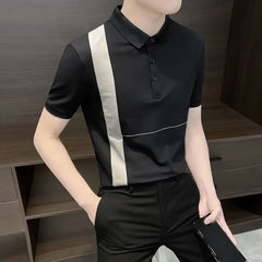 HEARUJOY  -  Male Polo Shirts White Striped Skinny Black Print Elastic Loose Xl Short Quarter Sleeve Fashion Stylish Mens with Collar T-shirt