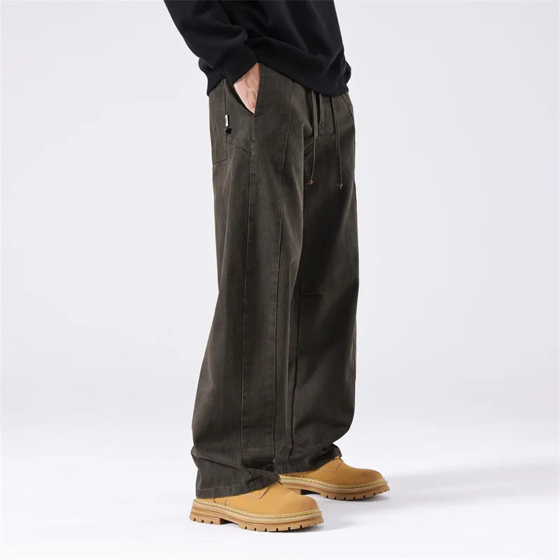HEARUJOY  -  Men Vintage Washed Cotton Cargo Multi-pocket High Street Distressed Straight Tube Loose Wide-leg Workwear Trousers