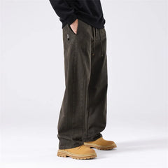 HEARUJOY  -  Men Vintage Washed Cotton Cargo Multi-pocket High Street Distressed Straight Tube Loose Wide-leg Workwear Trousers
