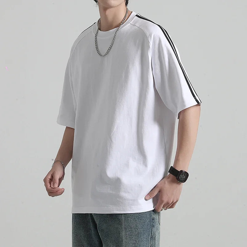 HEARUJOY  -  Summer Casual Striped Short Sleeved T-shirt Men's Fashion Oversized Patchwork Tshirts Solid Loose Half Sleeve Hip Hop Tee Top