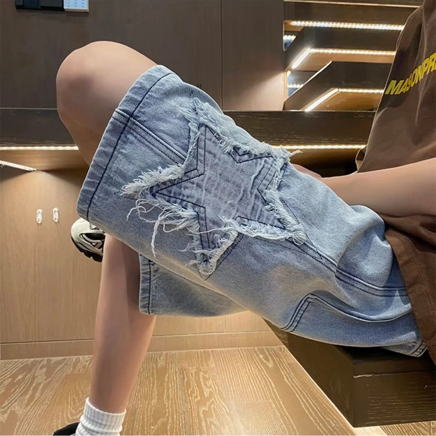 Hearujoy Star Patchwork Yellow Clay Color Jeans Summer Men Denim Shorts Trendy Streetwear Five-point Pants Straight Jeans Shorts